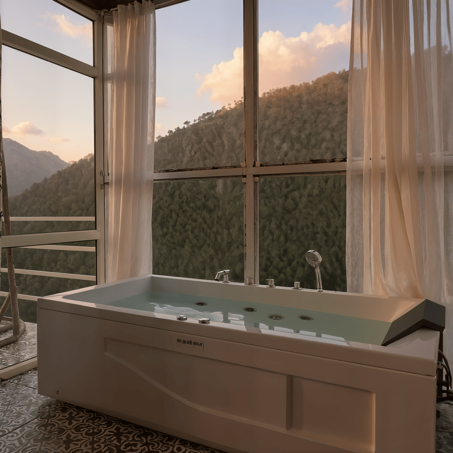 Pine forest and misty mountain ridges beyond the balcony of a Luxe Cottage room at Nazaara Nature Retreat, Dalhousie.
