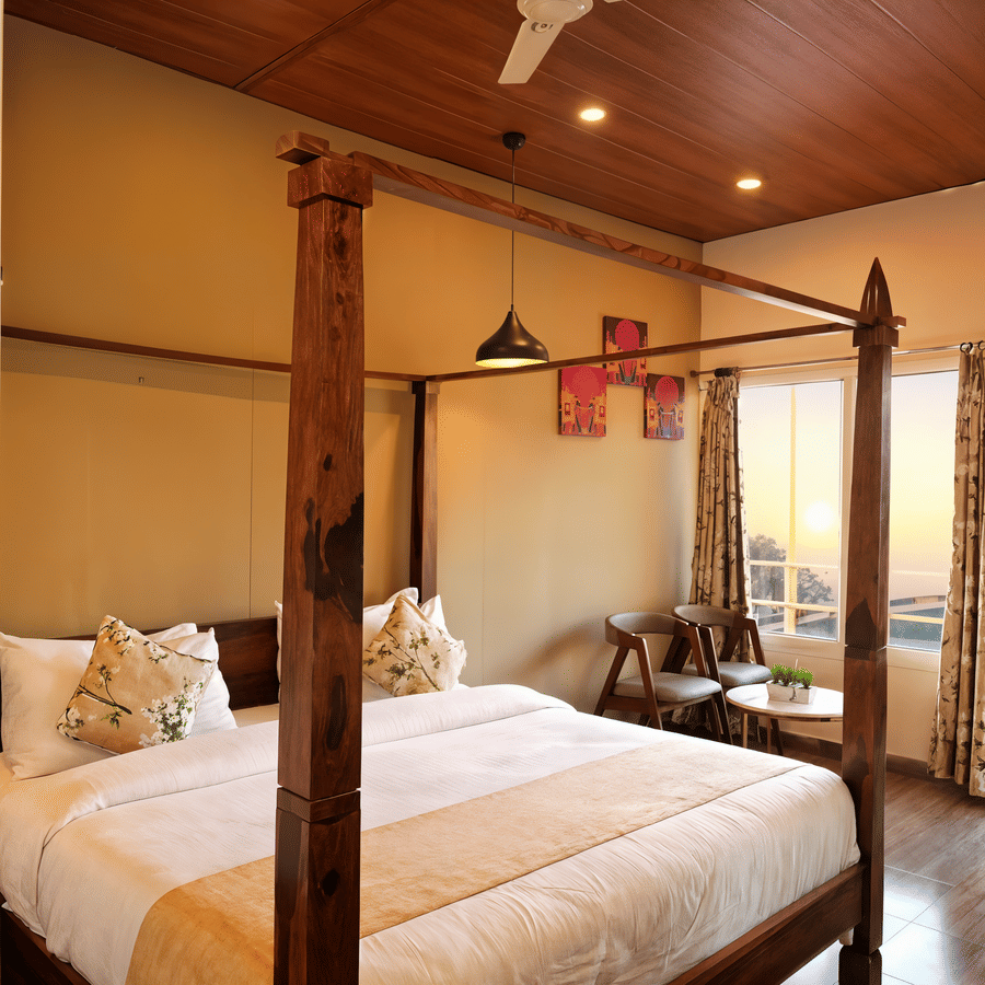 Golden sunset light spilling into the Superior Room's balcony at Nazaara Nature Retreat, silhouetting the pine-covered hills.
