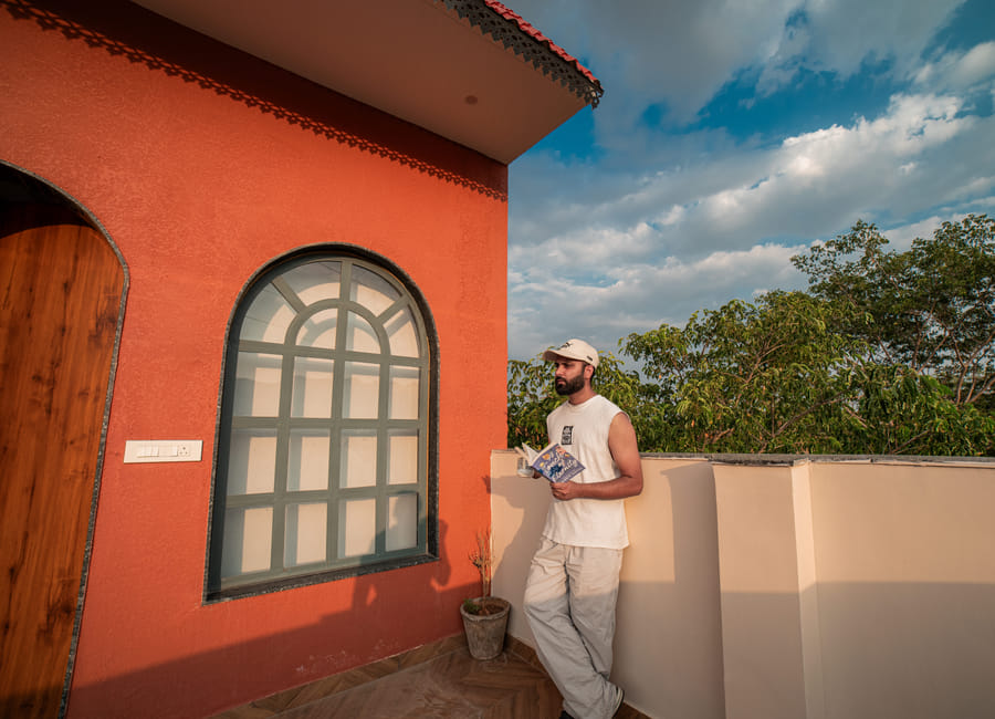 Reading nook on the private terrace of the Nazaara Royal Suite at Nazaara Hills Retreat, Udaipur.