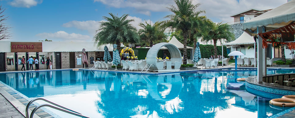 Swimming pool with palm trees, a white cabana and a steel pool ladder under a bright blue sky