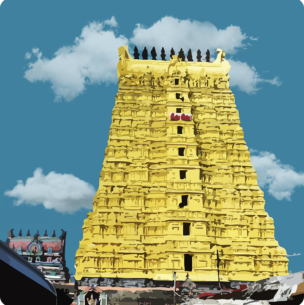 Towering golden gopuram shining under the sun, rich in carvings and divine symbolism.