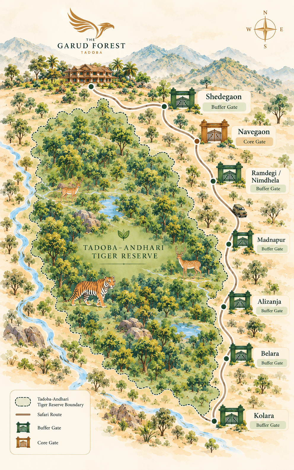 Illustrated safari map of the route from The Garud Forest past the buffer and core gates of the Tadoba-Andhari Tiger Reserve