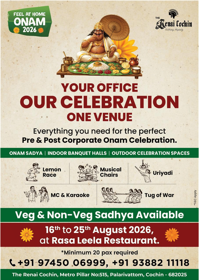 A creative for Onam with the offer details including the price, validity and contact numbers at Renai Cochin.