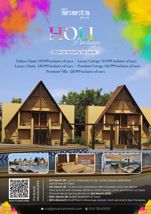 A promotional poster for Ananta Elite Gir Holi Package featuring festive colour splashes, 2 nights / 3 days stay details with room and villa pricing inclusive of taxes, package highlights including Holika Dahan, rain dance, Dhol and DJ celebrations, a view