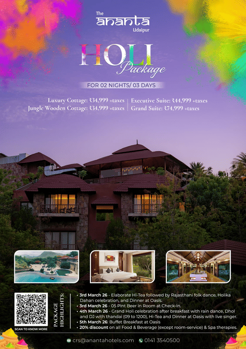 A promotional poster for The Ananta Udaipur Holi Package featuring festive color splashes, details for a 2 nights / 3 days stay, room category pricing, package highlights, and a scenic view of the resort cottages with inset images of the pool, bedroom, and