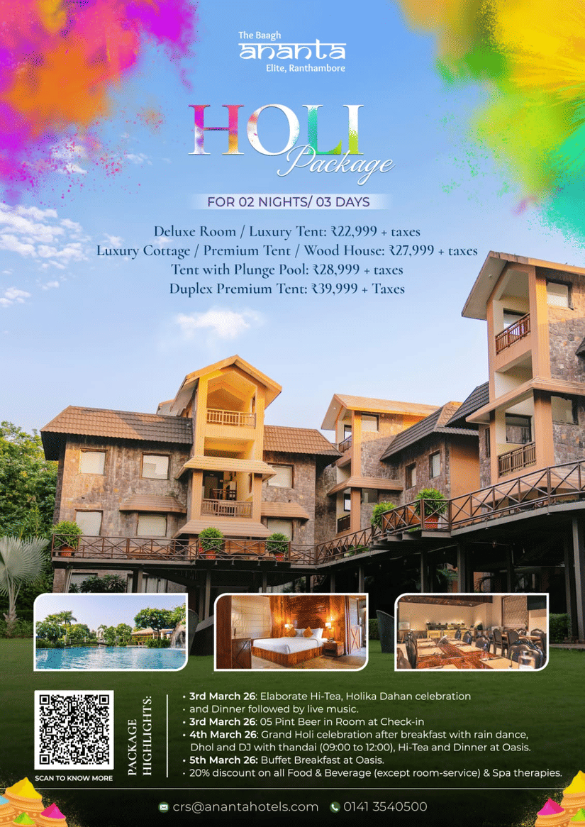 A promotional poster for The Baagh Ananta Elite Ranthambore Holi Package featuring festive color splashes, 2 nights / 3 days stay details with room and tent pricing, package highlights including rain dance and Holika Dahan, a view of the resort building, i