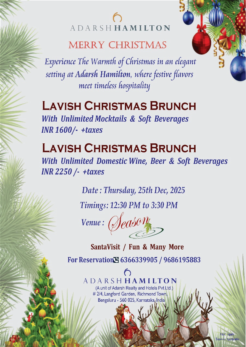 Christmas Brunch offer at Adarsh Hamilton on 25 Dec, 2025, featuring a Mocktail deal and Wine, Beer and Soft Beverages deal at their Season restaurant.