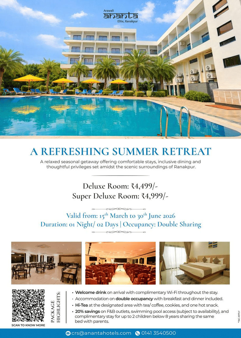A creative of Refreshing Summer Retreat at Ananta Ranakpur with a swimming pool, offering deluxe rooms for INR 4,499 and super deluxe rooms for INR 4,999.