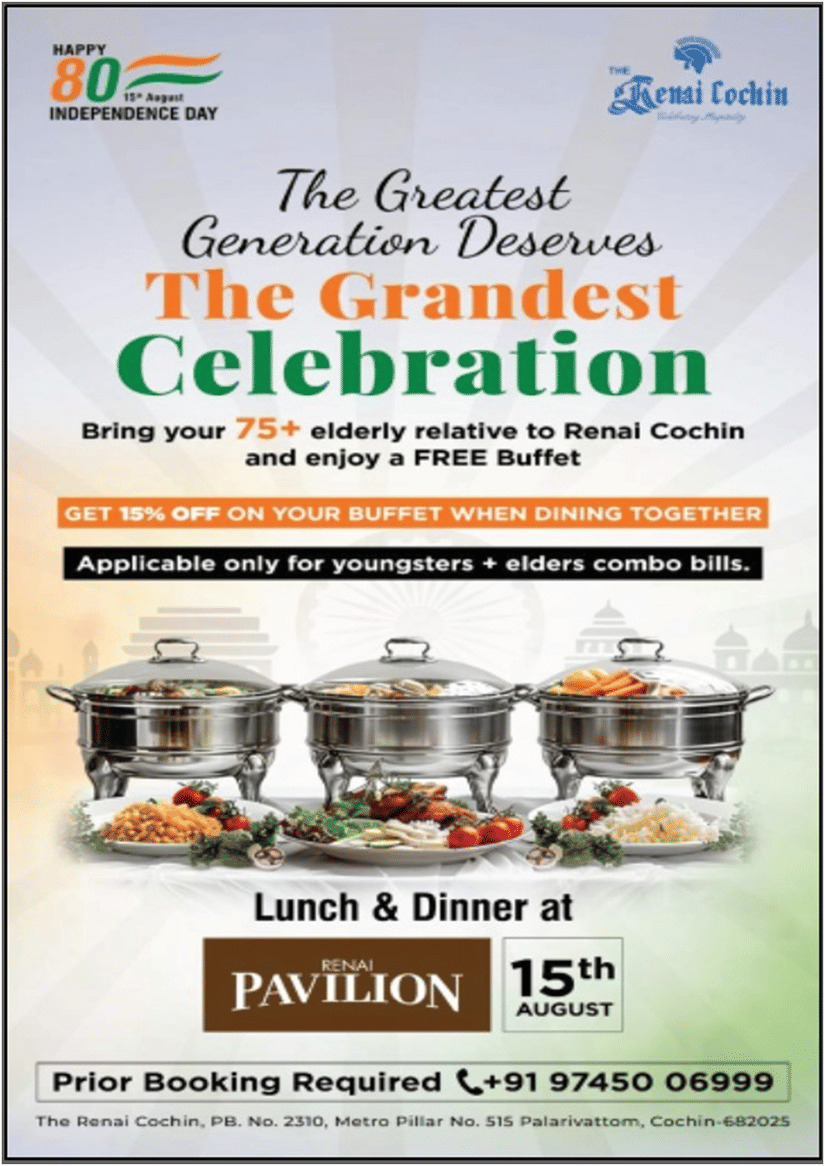 Celebrate Independence Day at The Renai Cochin with a 75+ elderly relative, enjoy a free buffet and get 15% off on your buffet. Book now.