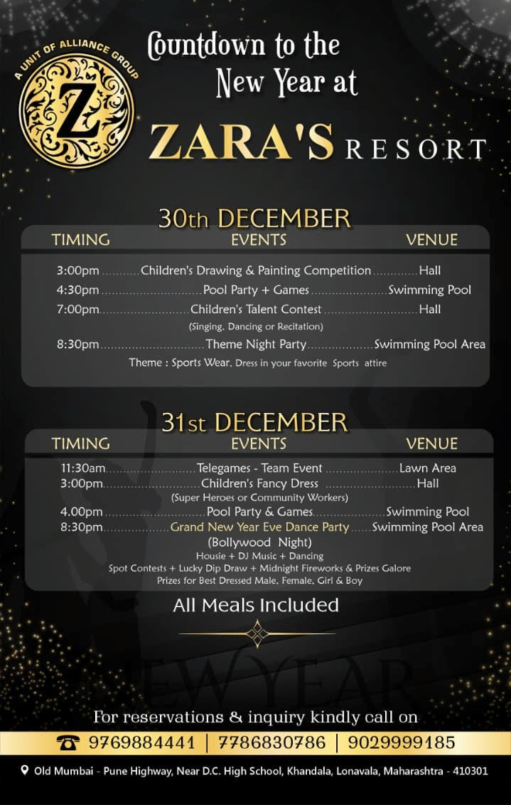New Year’s Getaway event poster for Zara’s Resort featuring two day celebrations on 30 and 31 December with children’s activities, pool parties, dance night and all meals included.