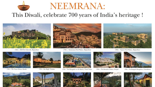Promotional poster for Neemrana Hotels celebrating Diwali and 700 years of India’s heritage, featuring images of historic hotels across Rajasthan, Kerala, Tamil Nadu, and more.