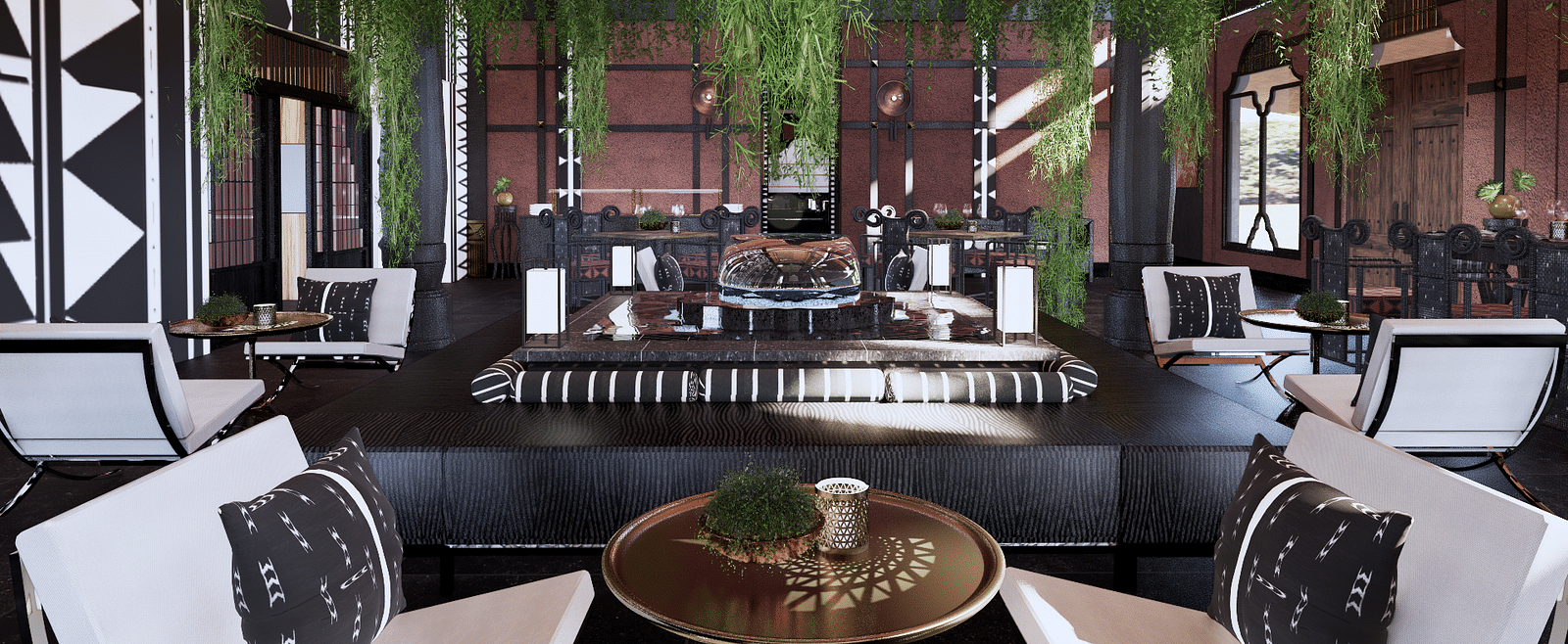 A lounge area with seating, hanging plants, a bar counter, and a table with a decorative centrepiece - Rhino and River BluSalzz Collection, Pobitora