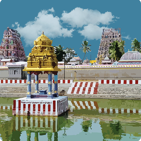 A golden temple pavilion with other temples in the background.