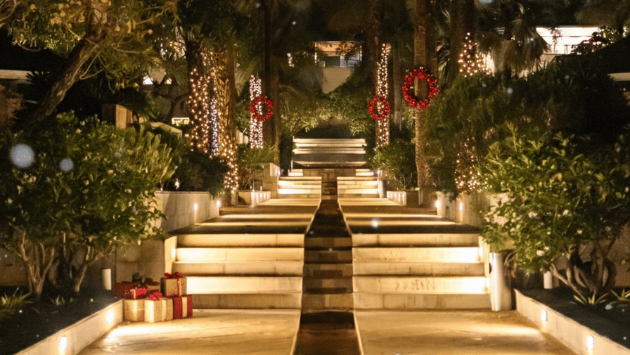 The Serai resort pathway illuminated with warm lights for the Christmas celebration.