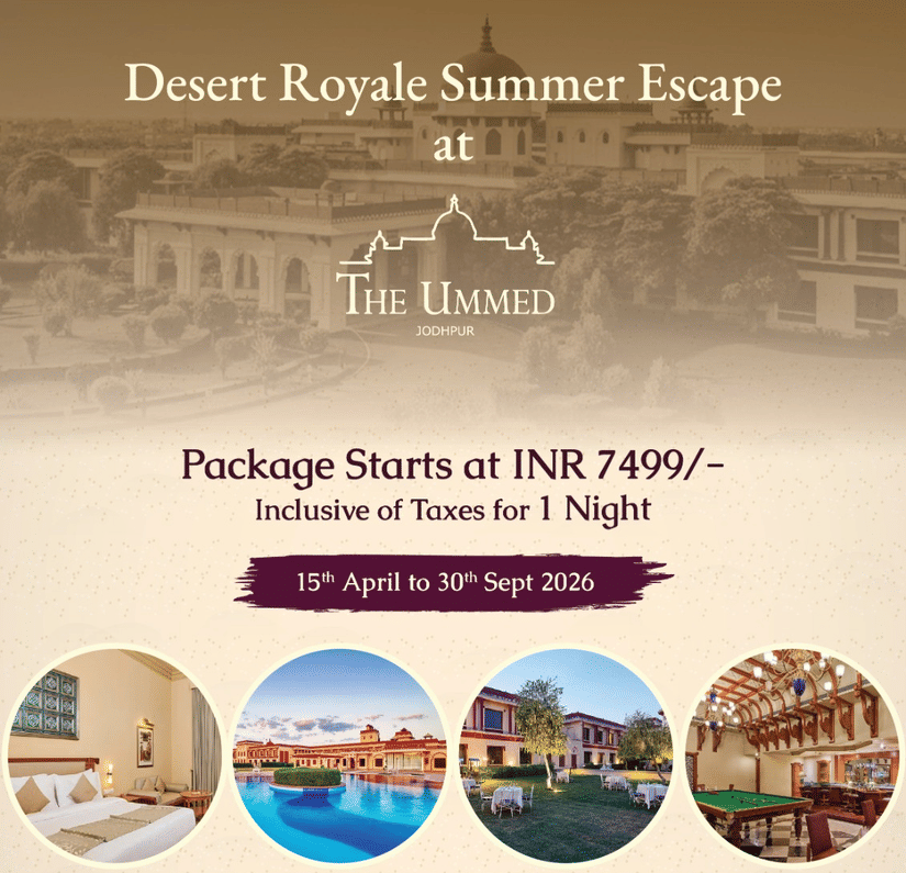 Desert Royale Summer Escape poster for The Ummed, Jodhpur. Features elegant hotel images, package details, and amenities like breakfast and transport. Warm, inviting tone.