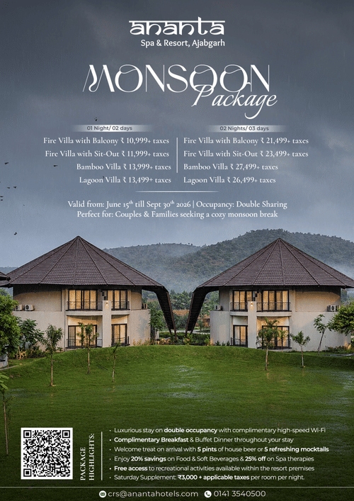 Monsoon Package at Ananta Spa & Resort Ajabgarh featuring 1 Night/2 Days and 2 Nights/3 Days stays with dining, spa benefits, and recreational activities.