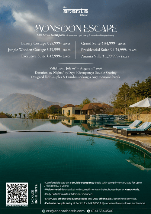 Monsoon Escape offer banner by The Ananta Udaipur featuring a luxury poolside resort with cottages and hills in the background, highlighting 50% off on the 3rd night, room rates, package inclusions, and validity from 1st July to 31st August 2026.