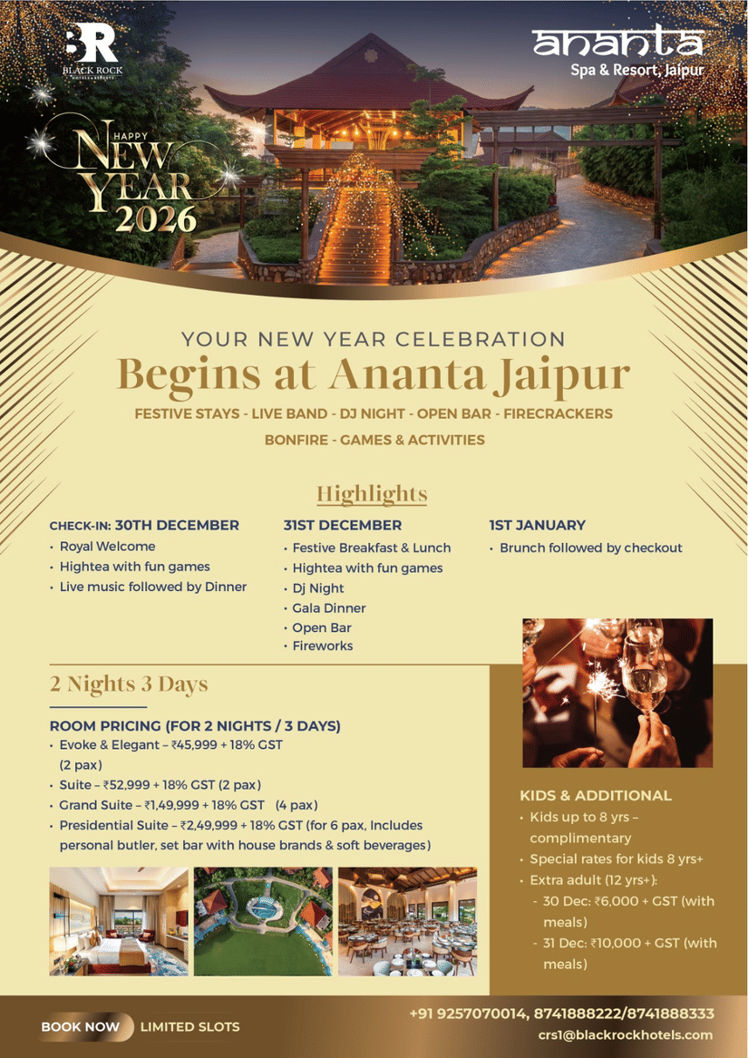A festive New Year banner showing a resort entrance decorated with lights, a central pathway leading to a pavilion, small inset pictures of a resort room, an aerial pool view and a dining area, and a close-up of people raising glasses in celebration.