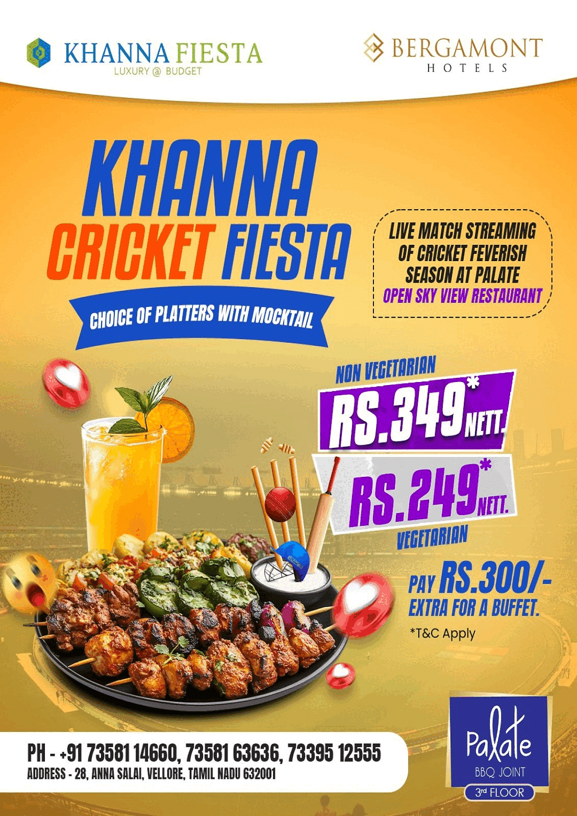 Banner image showcasing text for the upcoming 'Khanna Cricket Fiesta' along with visuals of delicious food and beverages