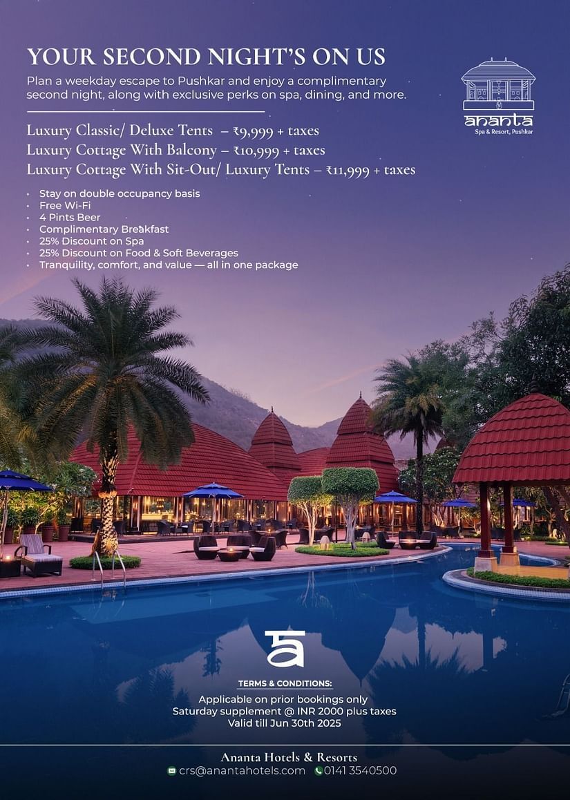Ananta Spa and Resort, Pushkar pool area at sunset with palm trees, lounge chairs, and roofed cabanas. Text at the top advertises wedding night packages, featuring benefits and a Marriott Bonvoy logo