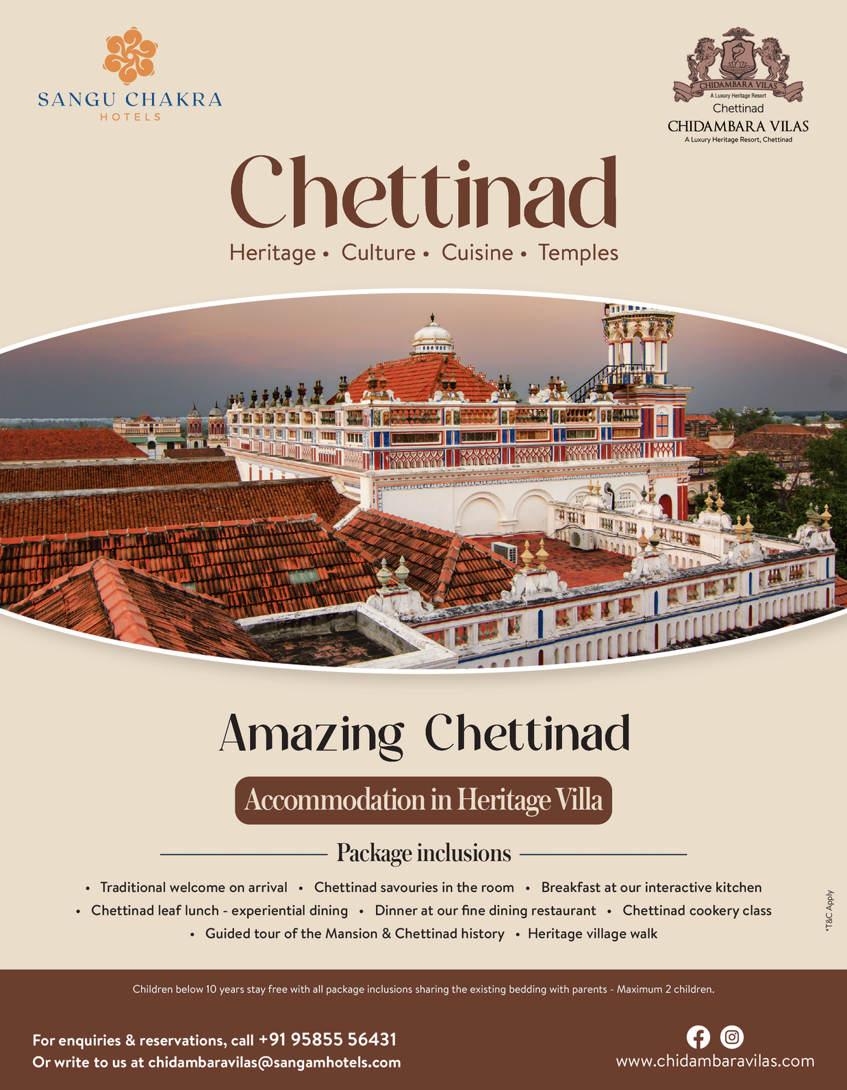 A promotional poster for Chidambara Vilas featuring an elevated view of the heritage property with tiled roofs and central courtyard, titled Amazing Chettinad with inclusions and offer details.