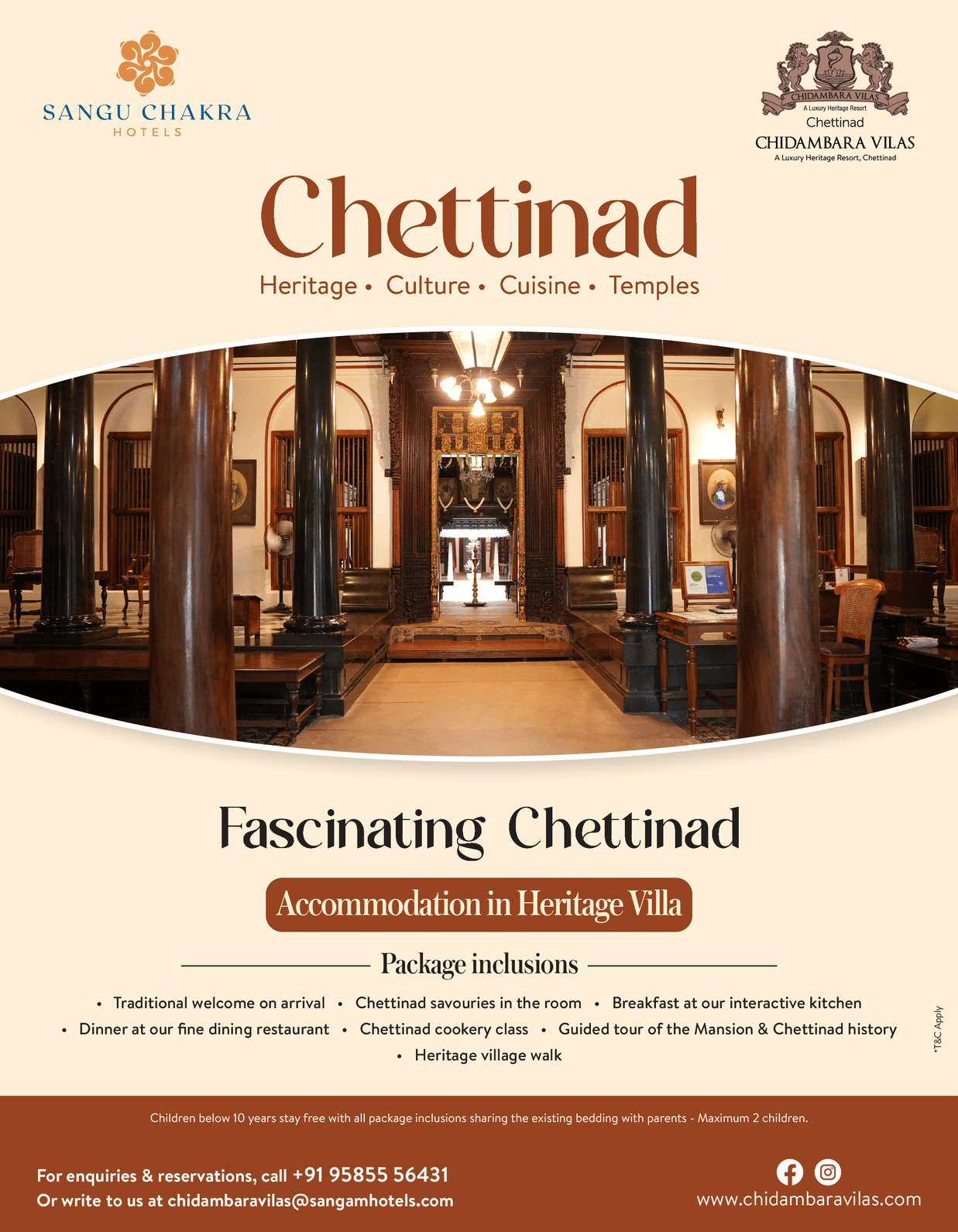 A promotional poster for Chidambara Vilas showcasing a heritage corridor with wooden pillars and carved details, titled Fascinating Chettinad with inclusions and offer details.
