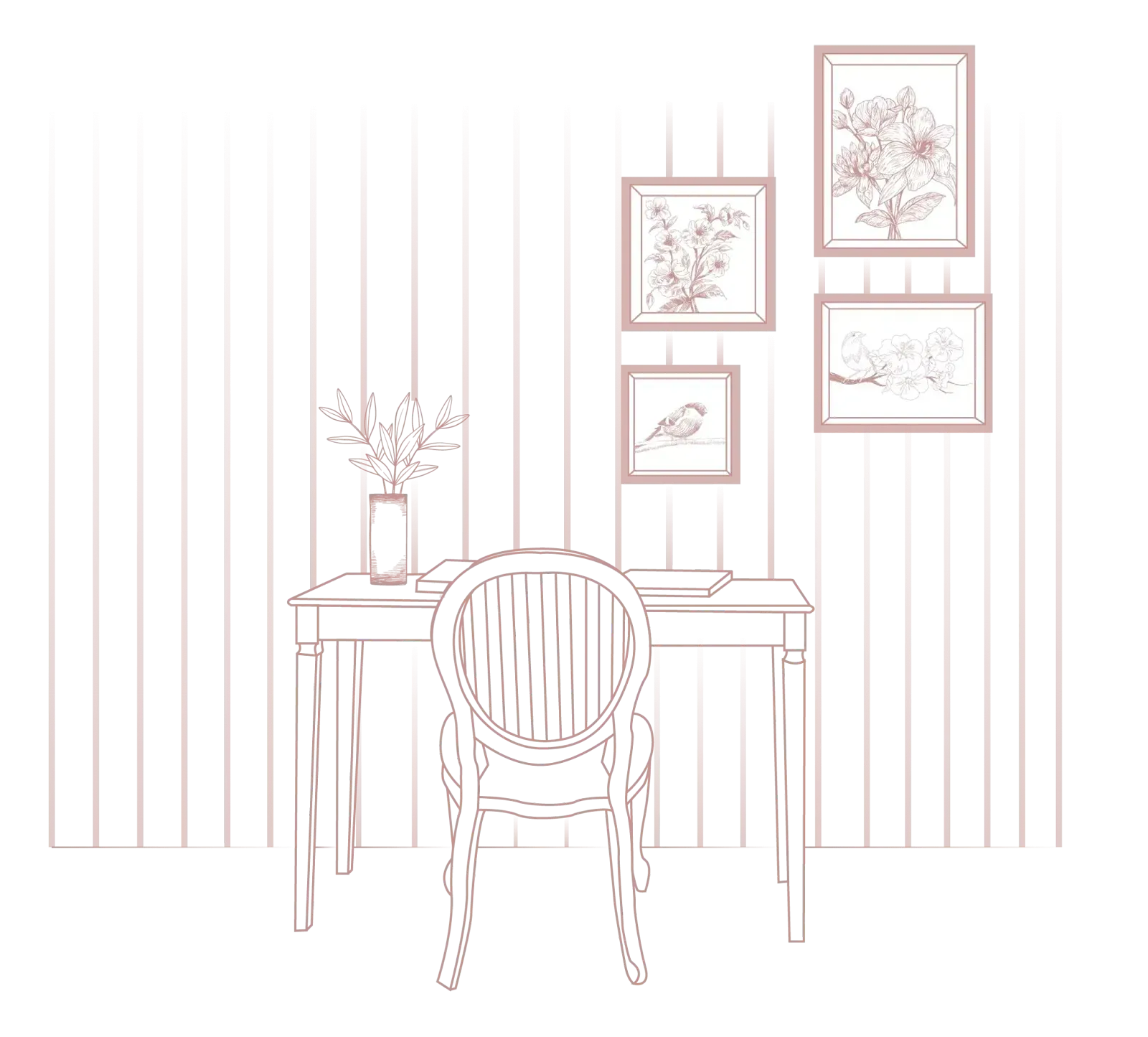 Wall art and furniture sketch drawing displayed on a vertical striped background at Karma Chalets.