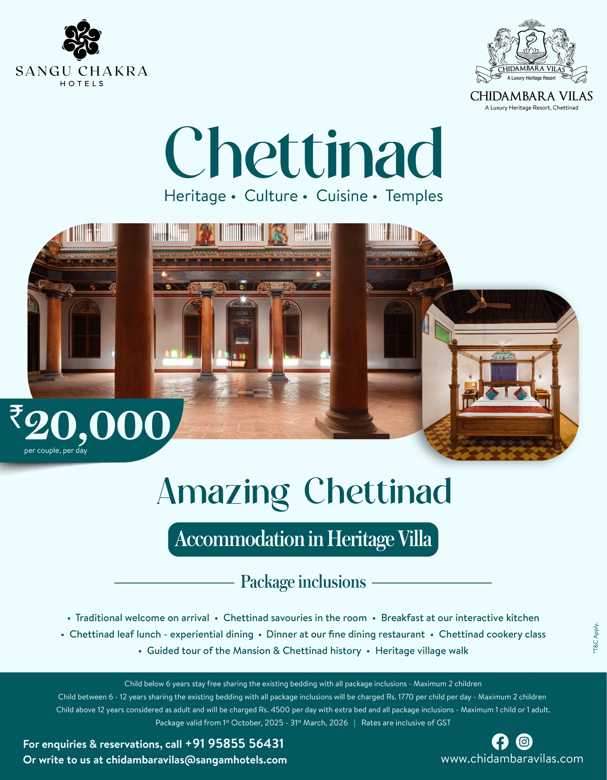 Amazing Chettinad offer for Chidambara Vilas featuring  images of traditional architecture and package information.