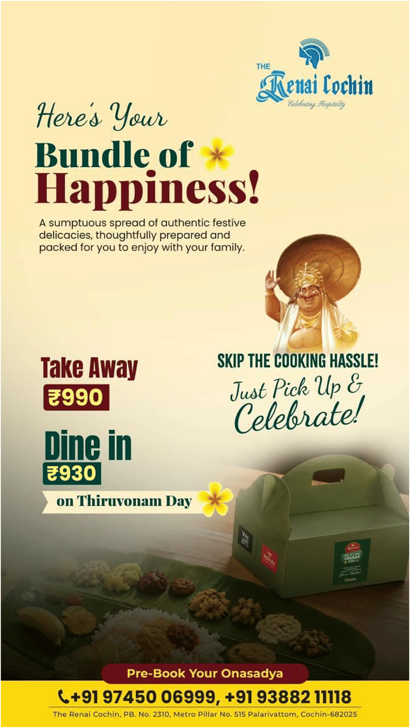 A promotional poster for Onasadhya at The Renai Cochin featuring festive Kerala delicacies with dine in and takeaway pricing.