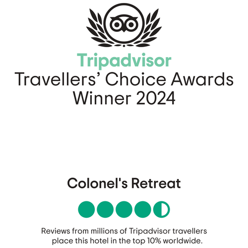 Tripadvisor Travellers’ Choice Awards Winner 2024 certificate awarded to Colonel’s Retreat, placing the hotel in the top 10% worldwide based on reviews from millions of Tripadvisor travellers. 