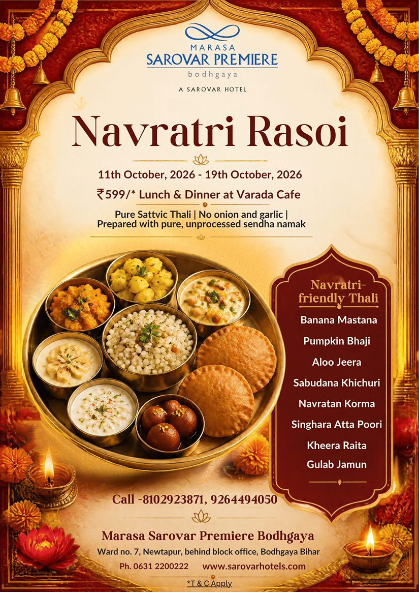 Navratri Rasoi festive offer creative featuring a pure sattvic thali with traditional dishes at Varada Cafe, Marasa Sarovar Premiere Bodhgaya, from 11th to 19th October 2026.
