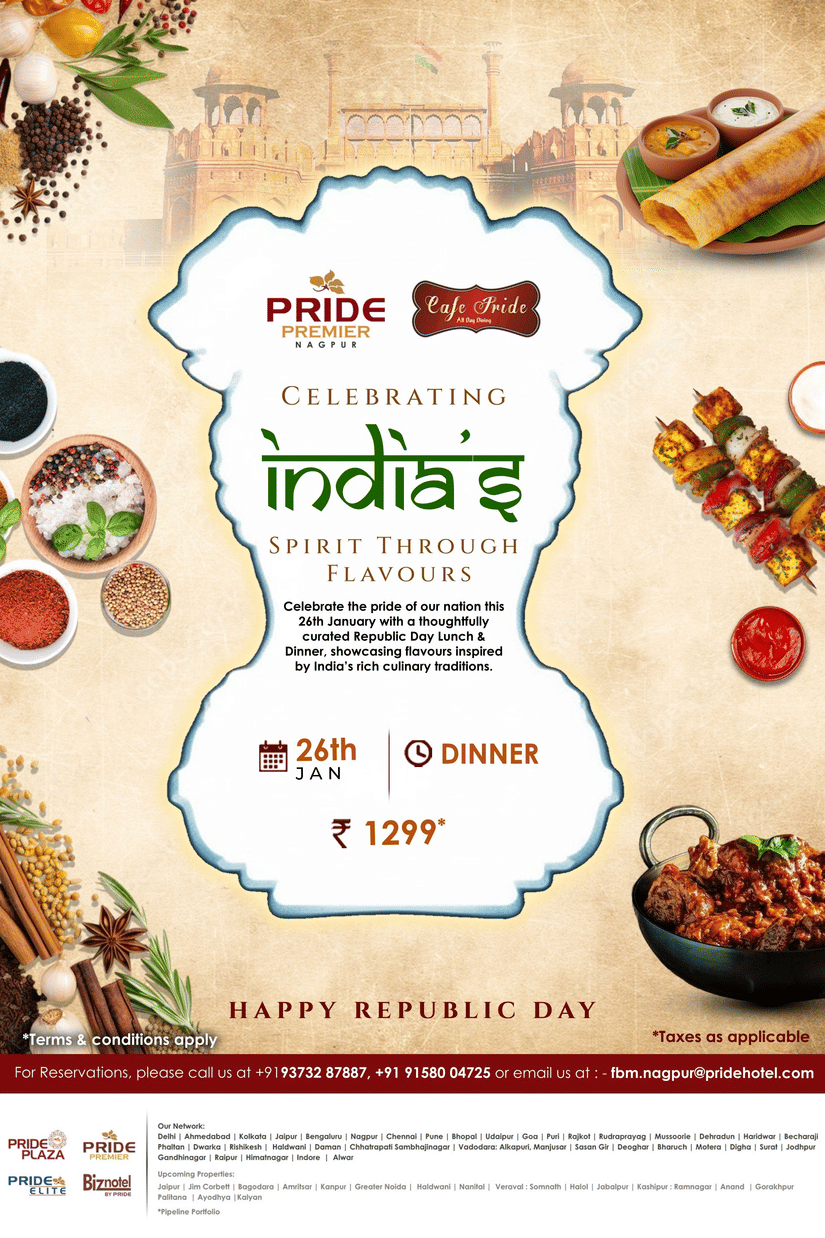 A Republic Day promotional banner of Pride Premier Nagpur, featuring a festive Indian-themed layout with tricolor elements, a stylized plate of gourmet dishes, decorative confetti, and text highlighting curated lunch and dinner experiences on 26th January 