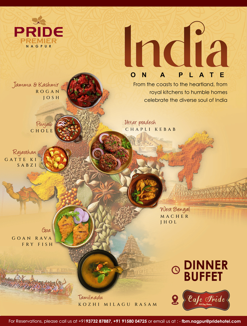 India on a plate dinner buffet at The Pride Premier Nagpur featuring regional dishes across the country at Cafe Pride.