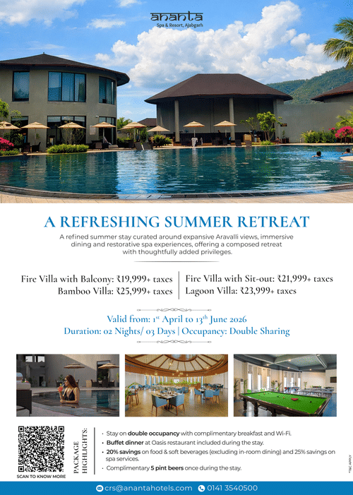 A-night Summer Package at Ananta Spa and Resort, Ajabgarh where accommodation starts at INR 19,999 on double sharing, and includes other benefits like buffet dinner, 20% discount on food and beverages, and more.
