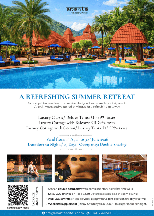 1-night Summer Package at Ananata Spa and Resort, Pushkar offering accommodation on double sharing starting from INR 10,999, 25% discount on spa services, food, beverages, and more.