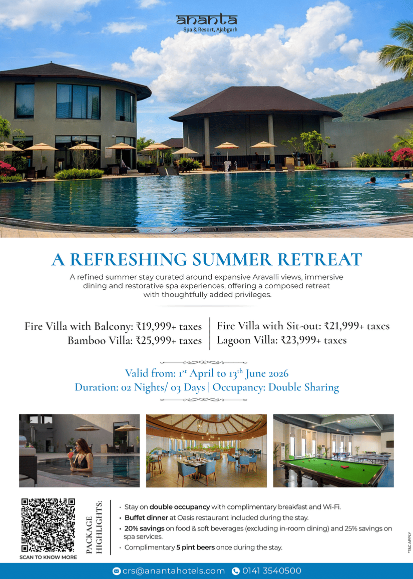 A-night Summer Package at Ananta Spa and Resort, Ajabgarh where accommodation starts at INR 19,999 on double sharing, and includes other benefits like buffet dinner, 20% discount on food and beverages, and more.