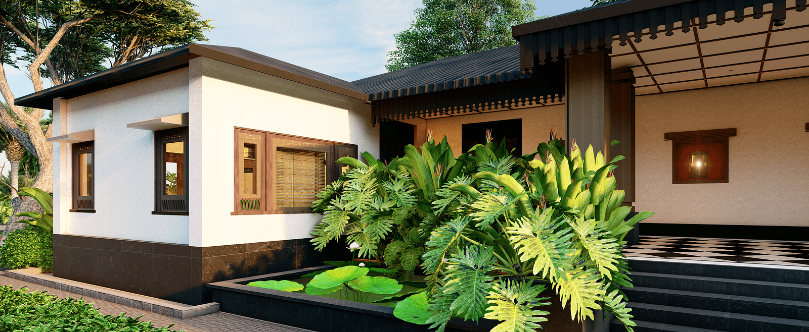A house with a traditional design, a small pond, and lush green plants in the foreground - Rhino and River BluSalzz Collection, Pobitora