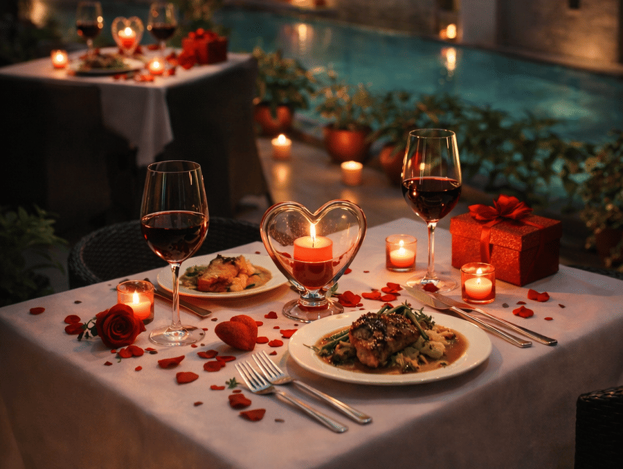 Valentine’s Day candlelight dinner at Pride Hotels Group with poolside setting, gourmet cuisine, fairy lights and intimate ambience.