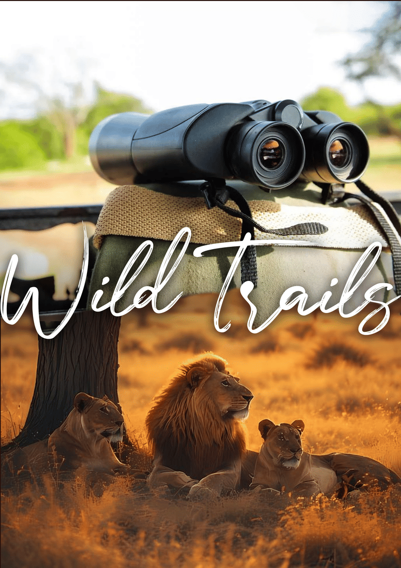 Safari jeep with binoculars overlooking wild animals in a dusty landscape, highlighting adventure travel and wildlife exploration in natural habitats.
