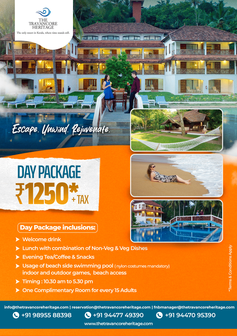Promotional flyer for The Travancore Heritage Beach Resort highlighting a day package offer with images of the resort, pool, dining area, and recreational facilities.