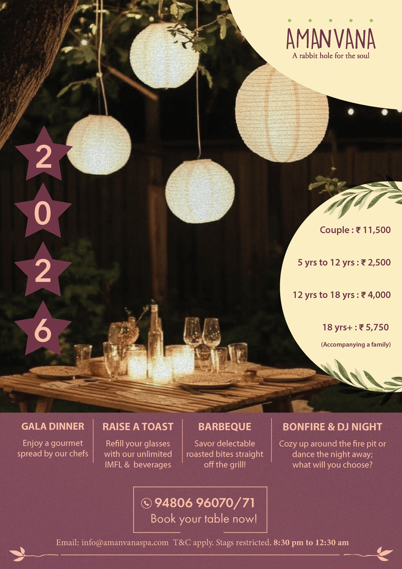 New Year 2026 celebration flyer for Amanvana Spa Resort featuring hanging lanterns, candlelit outdoor dining setup, event prices for families, and highlights like gala dinner, barbeque, bonfire, DJ night, and contact details for booking.