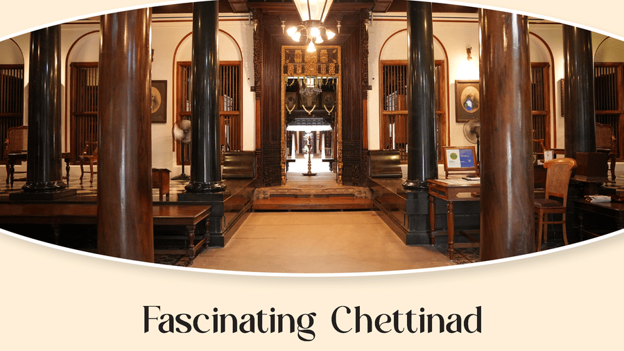 Promotional poster of the Fascinating Chettinad Package at Chidambara Vilas featuring a heritage interior setting, highlighting a cultural stay with fine dining, culinary experiences, and village exploration.