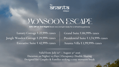 Monsoon Escape offer banner by The Ananta Udaipur featuring a luxury poolside resort with cottages and hills in the background, highlighting 50% off on the 3rd night, room rates, package inclusions, and validity from 1st July to 31st August 2026.