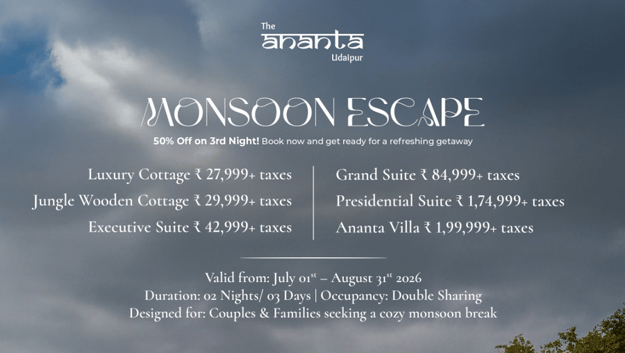Monsoon Escape offer banner by The Ananta Udaipur featuring a luxury poolside resort with cottages and hills in the background, highlighting 50% off on the 3rd night, room rates, package inclusions, and validity from 1st July to 31st August 2026.