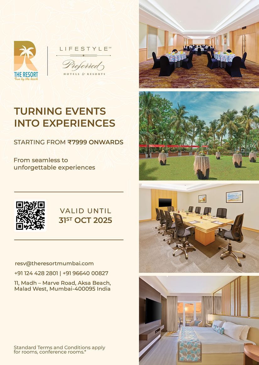Promotional flyer for The Resort Mumbai's - Turning Events into Experiences offer featuring meeting spaces, outdoor lawn, rooms, and validity till 31st Oct 2025.