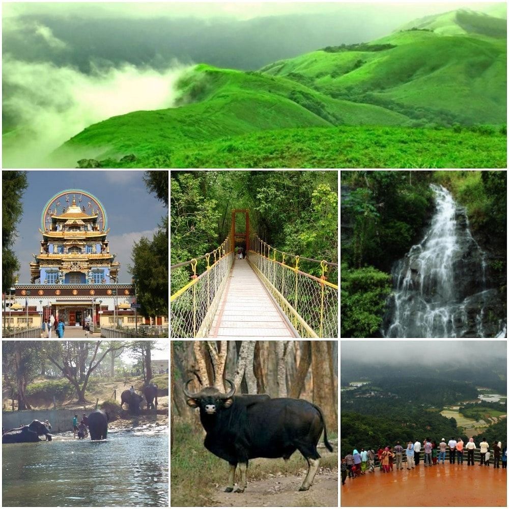 A collage image of different sight seeing areas in Coorg - Evergreen County