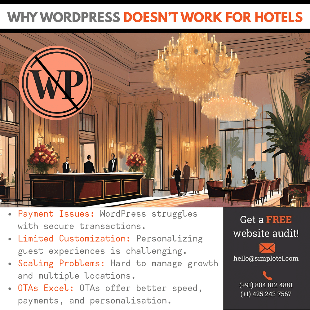 Hotel lobby graphic listing WordPress issues and contact info for a free website audit.