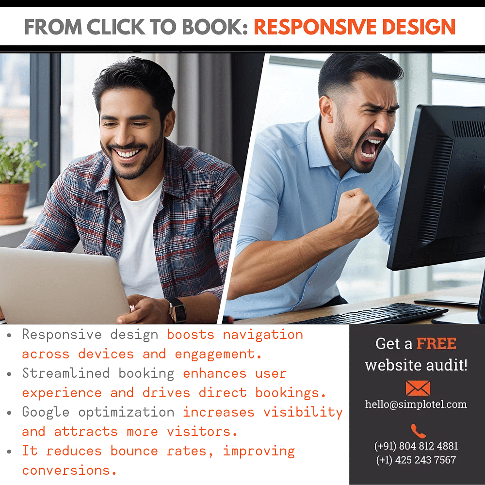 Split screen of two men reacting to website design, one happy on a laptop, one frustrated at a desktop.
