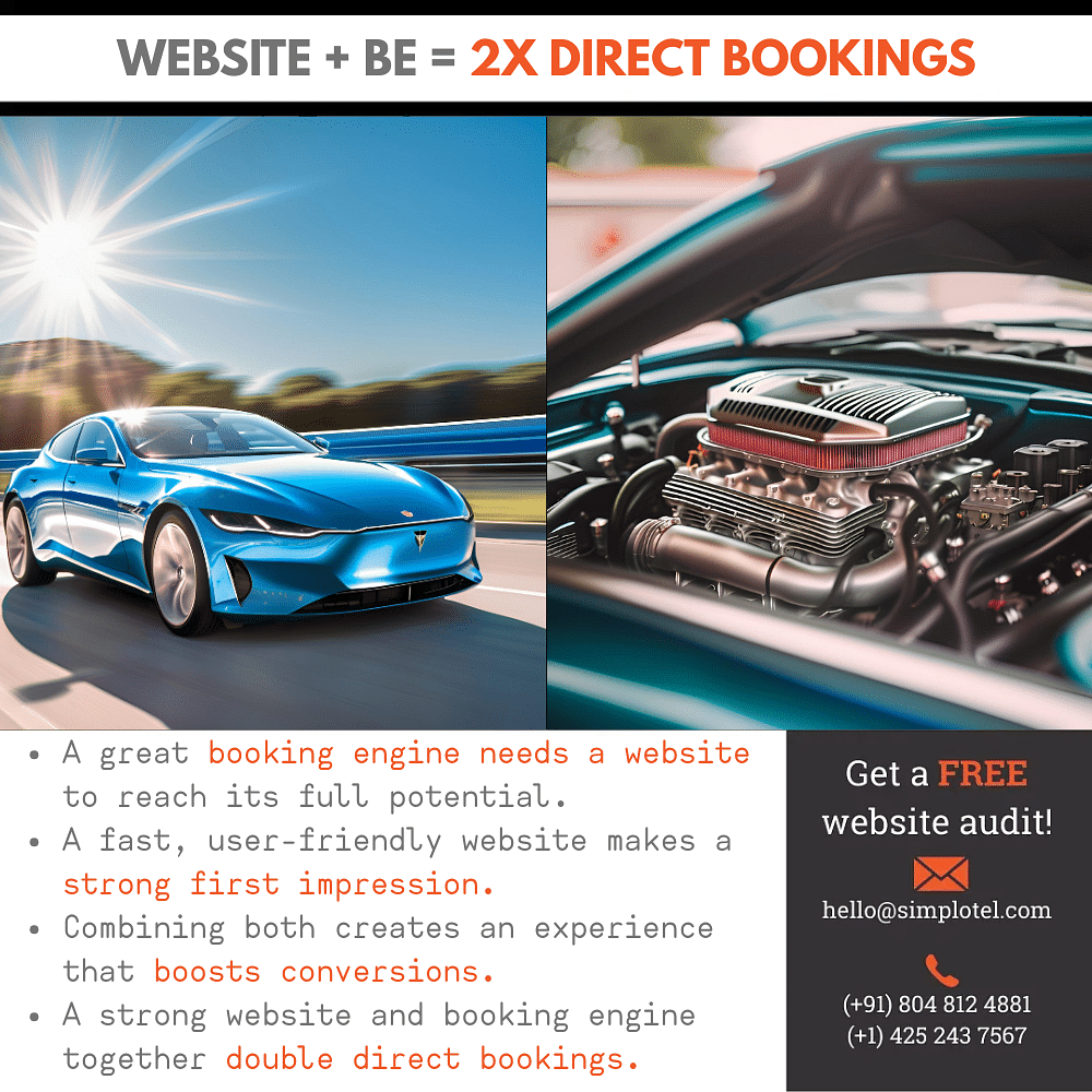 A blue electric car speeding on the left and a close-up of a car engine on the right, promoting how a strong website and booking engine can double direct bookings.