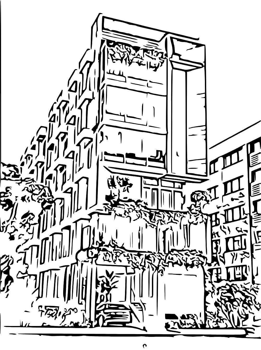A facade line art image of TGI Livancia The Sojourn, Bangalore